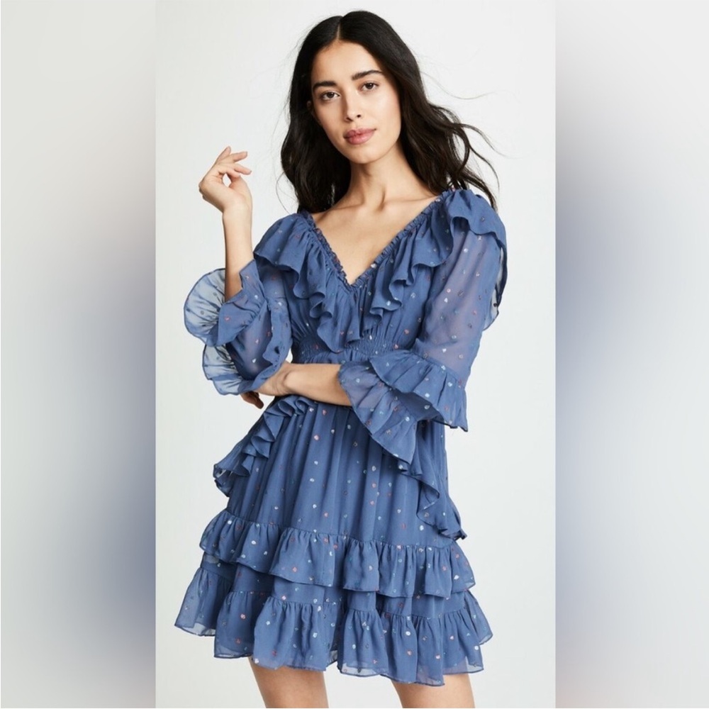 $595 REBECCA TAYLOR Silk Blue Ruffled Dress, Size 4, EUC